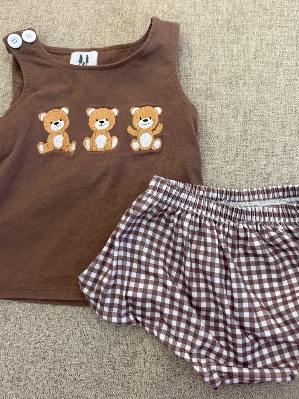 Brown Teddy Bear Tank & Gingham Shorts Set - Kids